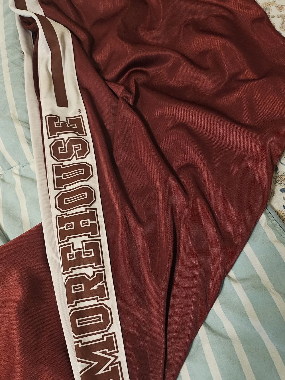 Men's Burgundy and White Athletic Track Pants with Side Stripe
